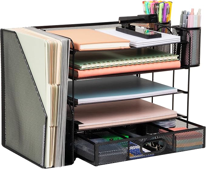 Mind Reader Mesh Desk Organizer, 4 Trays, 1 Drawer, File Holder, 2 Pen Cups, Office Desktop Organizer, Metal Mesh, Black by MindReader