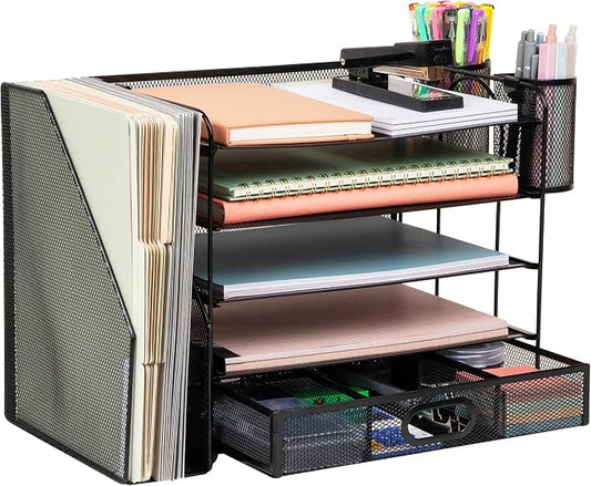 Mind Reader Mesh Desk Organizer, 4 Trays, 1 Drawer, File Holder, 2 Pen Cups, Office Desktop Organizer, Metal Mesh, Black by MindReader
