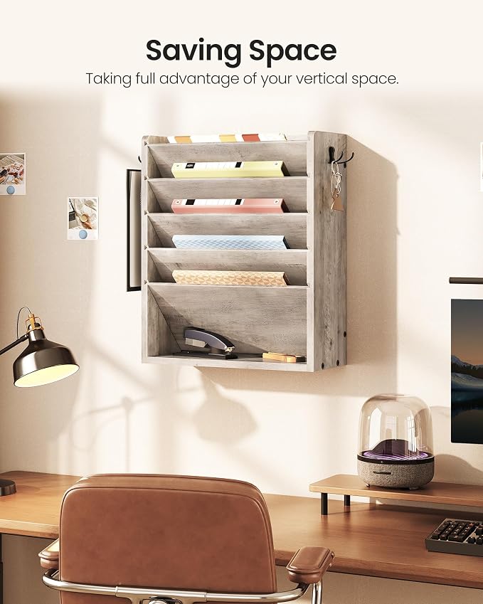 Wall File Organizer, 6-Tier Vertical Mount Hanging Holder with 2 Side Hooks, Modern Wooden Magazine Storage Holder with Bottom Tray, Desk Organizer, for Office, Home, Greige MWJ01FH - Image 2