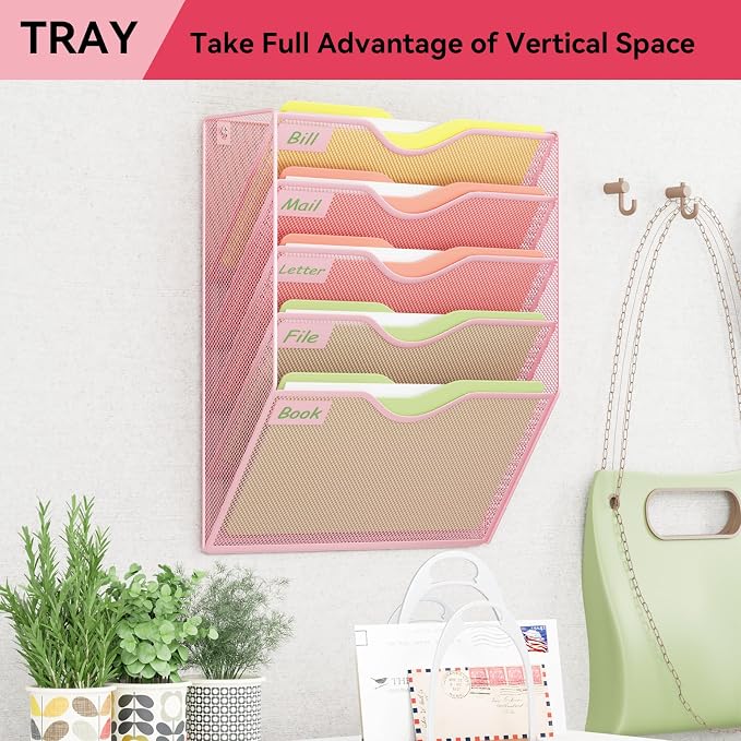 5 Pockets Hanging Wall File Organizer Mail Holder, Wall Mounted Paper Document Folder Holder, Clipboard Storage Organization Magazine Rack, Pink - Image 7