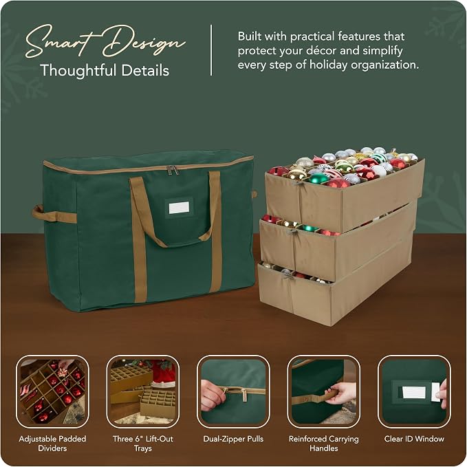 Covermates Keepsakes Adjustable Ornament Storage Bag – Heavy-Duty Polyester, Padded Dividers & FlexGrid Trays – Protective Holiday Ornament Organizer with Handles & Label Window, Green - Image 4