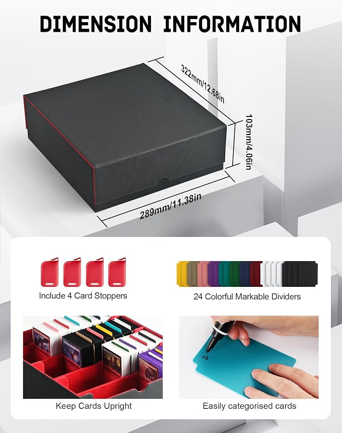 ZLCA Card Storage Box for MTG PTCG, Commander Deck Box Holds 3200+ Cards, Trading Card Storage Case with 4 Stoppers, Card Organizer for TCG Sport Cards(Black&Red) - Image 2