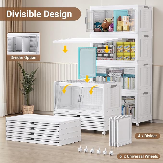 150Gal XL Stackable Storage Bins Foldable Box Cabinet for Home 3Pack White | Extra Large Plastic Boxes with Dividers Multi-Compartment Collapsible Closet Organizers and Storage Cabinet with Wheels Door - Image 3