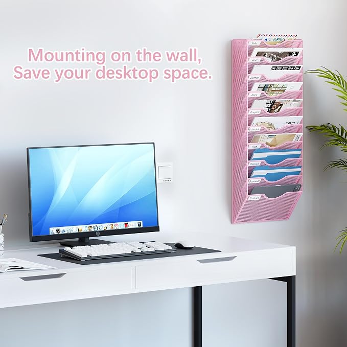 EasyPAG 10 Pocket Mesh Wall File Organizer, Hanging Paper Folder Holder with Classify Label, Vertical Wall Mount Mail Organizer for Office Home Classroom, Pink - Image 2