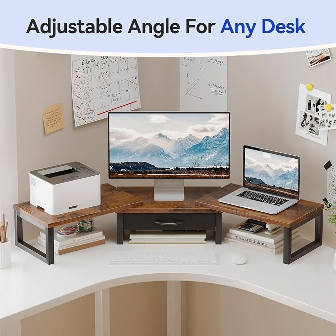 Desk Organizers and Accessories, Dual Monitor Stand Riser with Drawer, Computer Monitor Stand, Adjustable Desk Shelf for PC Laptop Printer TV, Brown - Image 5