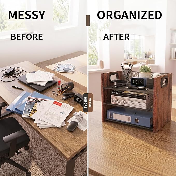 Desk Organizer - 3 Tier Wood & Metal Mesh Desktop Organizer for Office, Home, School, Workspace, Office Desk Organzier for Papers, Mail, Notebooks, Stationery - Image 7