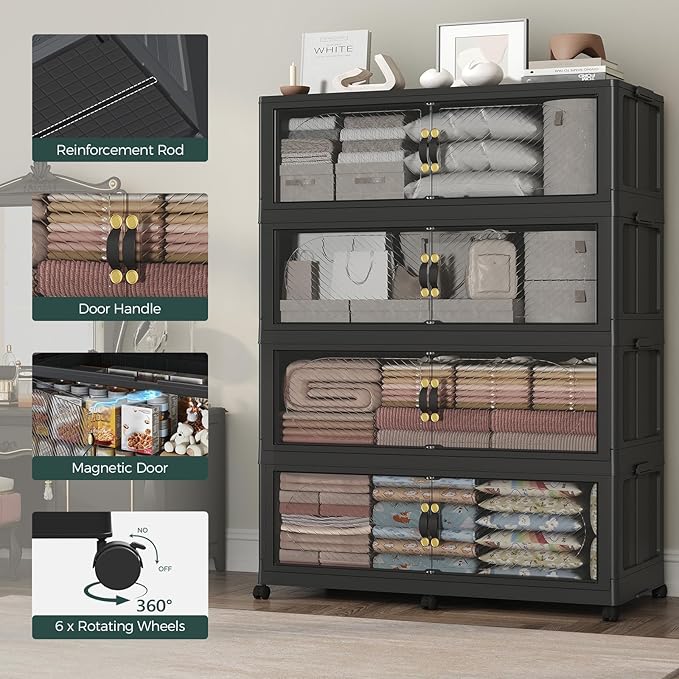 1200QT Extra Large Stackable Storage Bins with Lid, 300Gal Plastic Closet Organizers and Storage Drawer, Collapsible Cabinet Box with Wheels Clear Doors for Home Kitchen Garage, 5Pack Black - Image 6