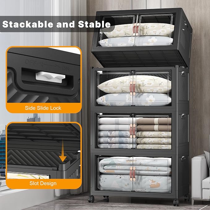 Stackable Storage Bins, 1440QT Collapsible Drawers with 2 Lids | Large Capacity, Magnetic Door, Stack Lock, Rolling Wheels, Foldable Design, Organizers and Storage for Bedroom Dorm Garage - Image 3