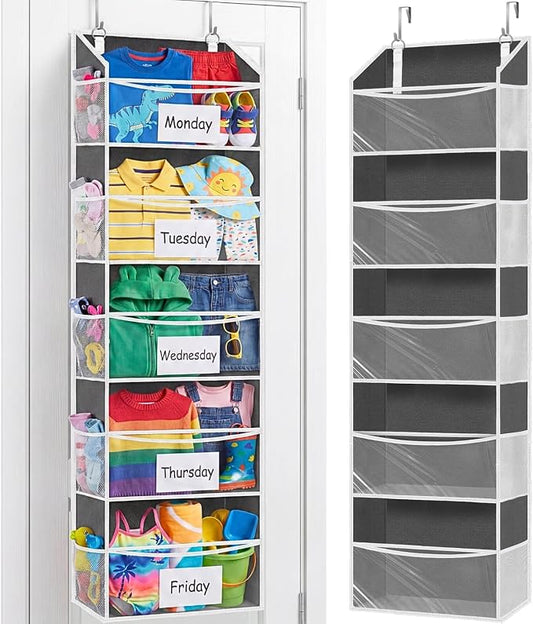 5Tiers Over Door Organizer, Weekly Clothes Organizer for Kids | 5 clear PVC front pockets, 10 mesh side pockets, weekly outfit planner, for kids, dorm, entryway, RV, 50 lbs capacity by Ofiray-home