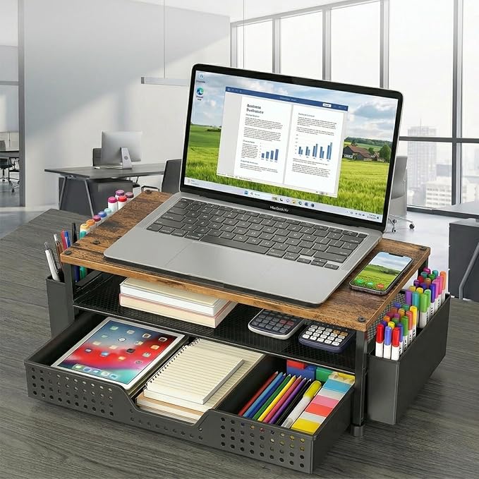 Desk Organizer and Accessories, 2-Tier Computer Monitor Stand Rise with Phone Holder, Drawer & 2 Pen Holders, Laptop & Printer Stand for Desktop, Workspace Organizers for Office Supplies (Brown Wood) - Image 6