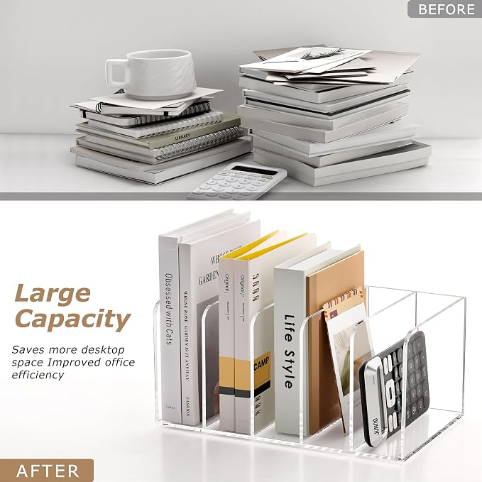 SANRUI Acrylic Magazine Holder Desk Organizer Workspace Sorters, Clear Bookend File Sorter Folder Rack For Home Office Accessories Organization Storage with 5 Vertical Compartments - Image 9