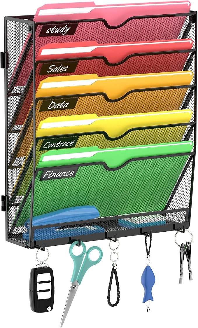 6-Tier Wall File Organizer with Hook, Hanging File Organizer Black | Wall-mounted mail storage holds papers, folders, files, clipboards and magazines, assembly required for office or home use. by Unknown