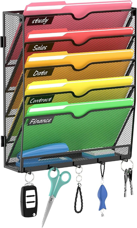 6-Tier Wall File Organizer with Hook, Hanging File Organizer Black | Wall-mounted mail storage holds papers, folders, files, clipboards and magazines, assembly required for office or home use. by Unknown