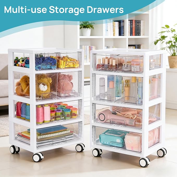 Vtopmart Drawer Storage Organizer,4 Tier 6 Drawers with Wheels, Clear | Clear Drawers with Multiple Sizes Keep Supplies Visible. Sturdy for Bathreoom, Office, Under Desk, Crafts & Art Storage. - Image 2