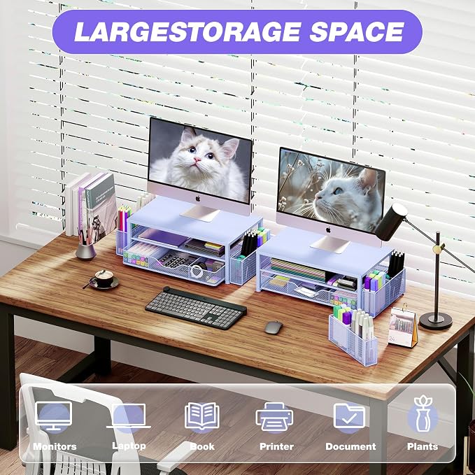 Desk Organizers and Accessories, Computer Monitor Stand Riser with Drawer and 2 Pen Holders, Printer & Laptop Stand, Office Desk Accessories & Workspace Organizers for Home Office Supplies, Blue - Image 4
