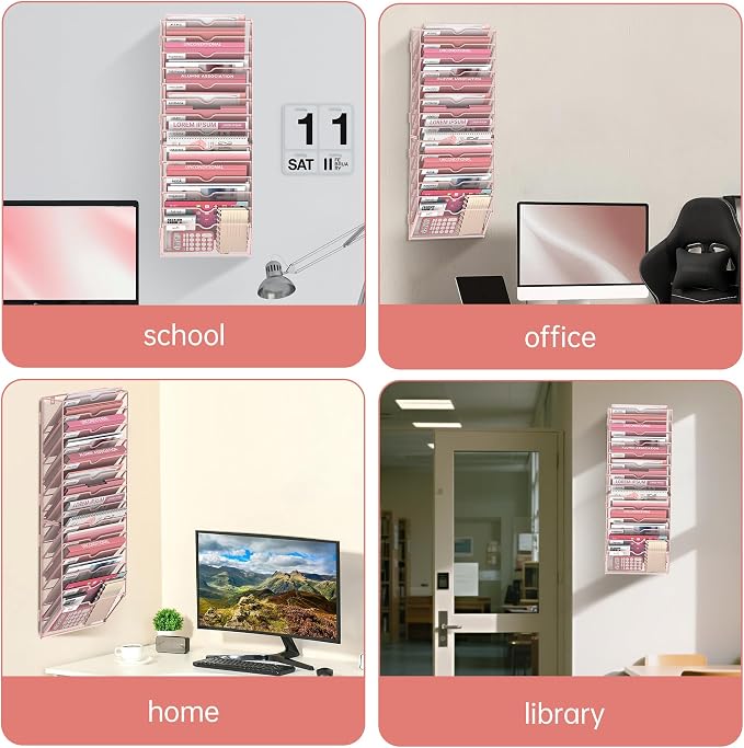 14-Tier Wall File Organizer and Hanging File Organizer, Pink | Wall Organizer and Wall Mounted File Holder with 14 Pockets and Label Panels for Files, Mail, Folders, Magazines and Paper - Image 7