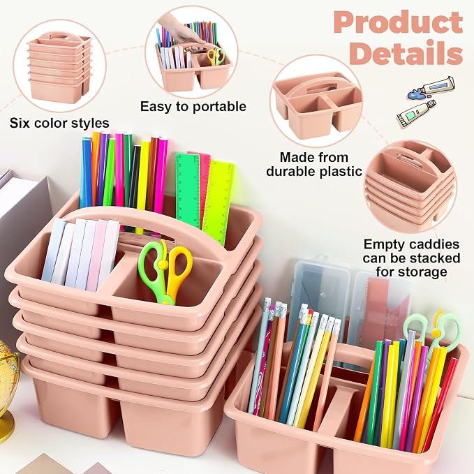Lineshading 12 Pcs Classroom Caddy with 3 Compartment - Multipurpose Portable Plastic Storage Table Caddies with Handles for School Home Office Organizer(Flesh Pink) - Image 3