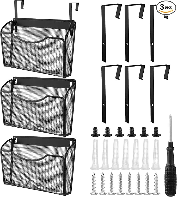 Tenceur 3 Pcs Mesh Letter Wall File Folder Cubicle File Holder Hanging Wall Mounted File Holder 3 Pocket Vertical File Organizer for Office Home Room Storage Basket(13.19 x 12.2 x 3.07 Inch,Black) by Tenceur
