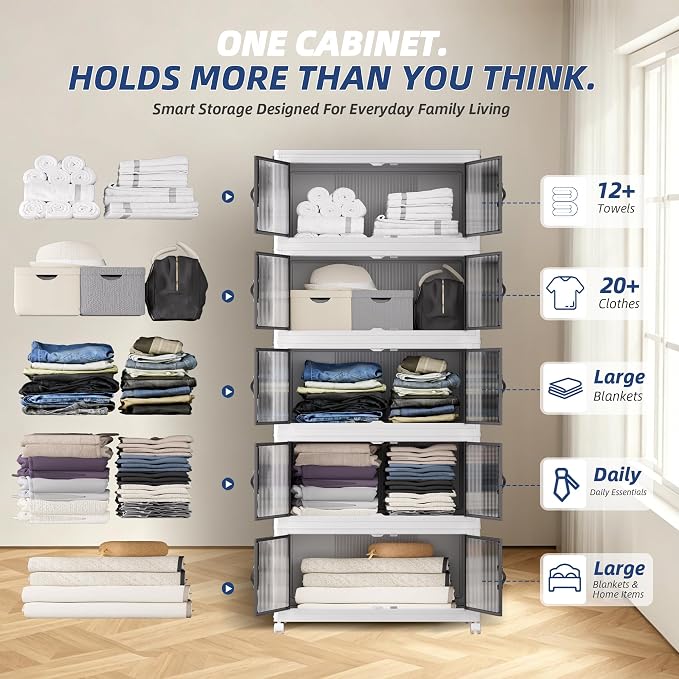 SAILUN 580Qt Stackable Storage Bins,Storage Cabinet Drawer with a Lid,White | Stackable Storage Drawers with Lids,26" W x 17" D x 71" H,Featuring open-front Access for Closet Storage - Image 5