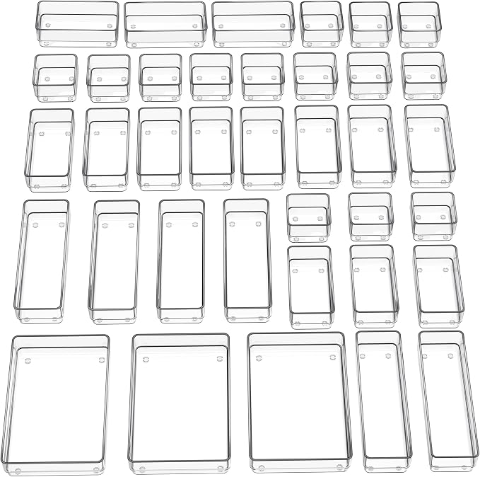 SMARTAKE 37 PCS Drawer Organizer 4 Size Desk Makeup Drawer Organizer Clear | Storage Trays with Non Slip Silicone Pads for Makeup , Jewelries, Utensils in Bedroom Dresser, Office, Kitchen and Bathroom - Image 9