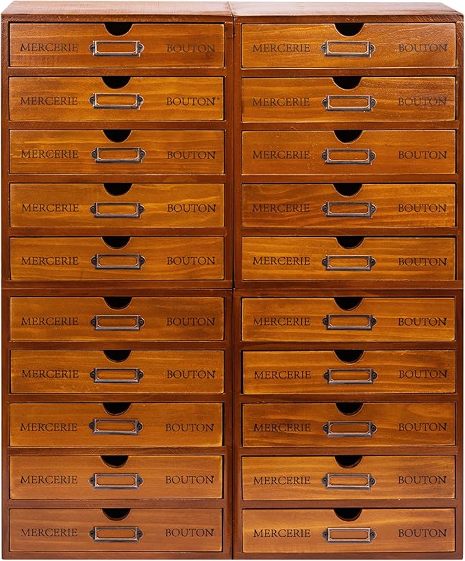 Fully Assembled Modular Stackable 20-Drawer Set of 4 Retro Wood Countertop Organizer Drawers - Mini Filing Cabinets for Desktop - Apothecary Card Catalog Library Storage Drawers w/ Label Holders by Woodaholic