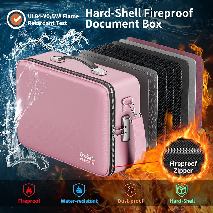 DocSafe Fireproof Document Box with Lock＆Shoulder Strap,Hard Case File Organizer with Accordion File Folder,Multi-Layer Portable Home Office Travel Safe Storage for Important Documents Laptop Pink - Image 2