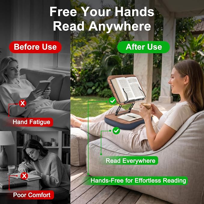Lap Bean Bag Book Holders for Reading Hands Free, Adjustable Book Stand | Hands-Free Reading Pillow Stands with Page Clips, Book Holder Rest for Bed Desk Couch, Recipe Kitchen Readers Lovers Gifts - Image 2