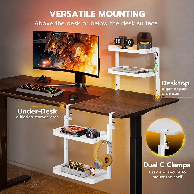 ARES WING 2-Tier 16 inch Clamp On Desk Shelf, Above or Under Desk Storage | Adjustable Desktop Organizer Shlef Holds 66 lbs Heavy Duty, with Headphone Holder for Working and Gaming Accessories, White - Image 4