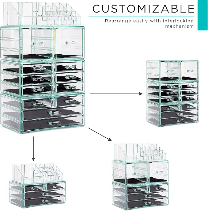 Sorbus Large Makeup Organizer - Clear Stackable Jewelry & Makeup Organizer For Vanity, Bathroom Storage, Dresser - 12 Drawers Cosmetic Beauty Organizers and Storage with Lipstick, Makeup Brush Holder - Image 2