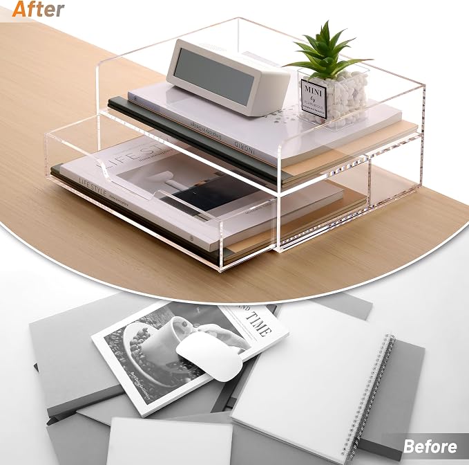 SANRUI Acrylic Desk Organize with Drawer, Stackable File Organizer, 2-Tier | Clear Paper Organizer Letter Tray, Versatile Desk Organizers and Accessoriesfor Office Classroom Home,12.4x8.86x5.1in - Image 8