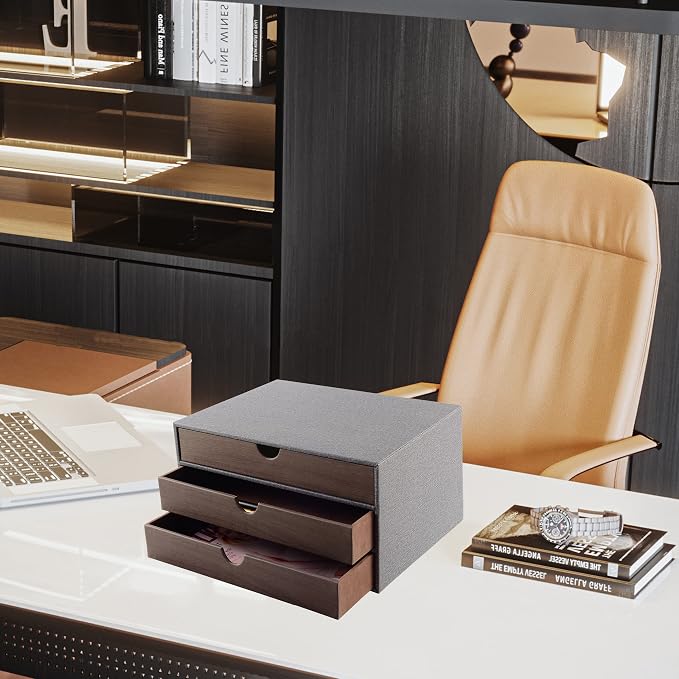 Cloth-effect Faux Leather Desk Organizer File Cabinet Executive Office Supplies Desktop Filing A4 Contract Document Stackable Storage Box with 3 Drawers (Grey) - Image 2