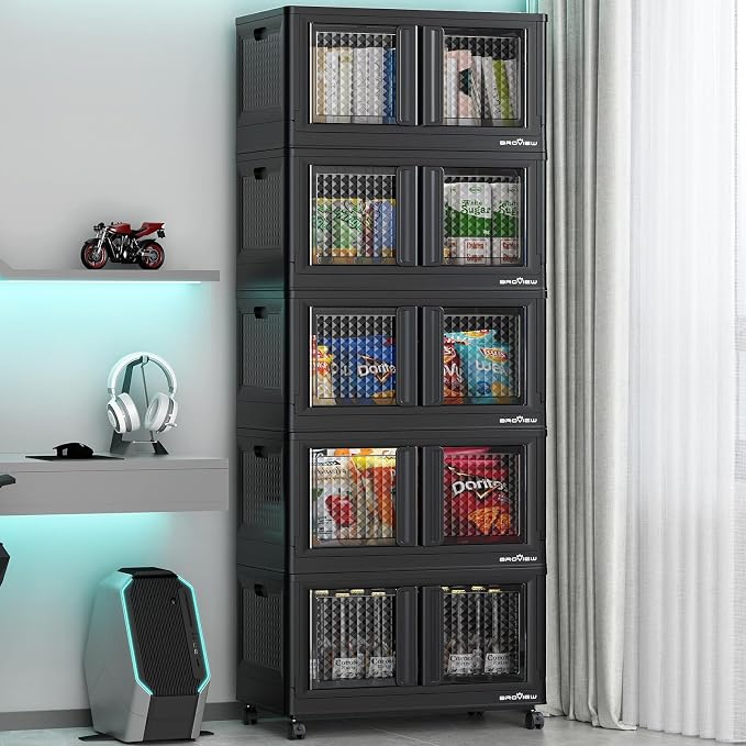 BROVIEW 500Qt Stackable Storage Bins with Lids, 125Gal Closet Organizers and Storage Drawer, Plastic Collapsible Storage Bins with Doors, Heavy Duty Store Box Cabinet for Home Kitchen, 5Pack Black by BROVIEW-EnjoytheArtofLife