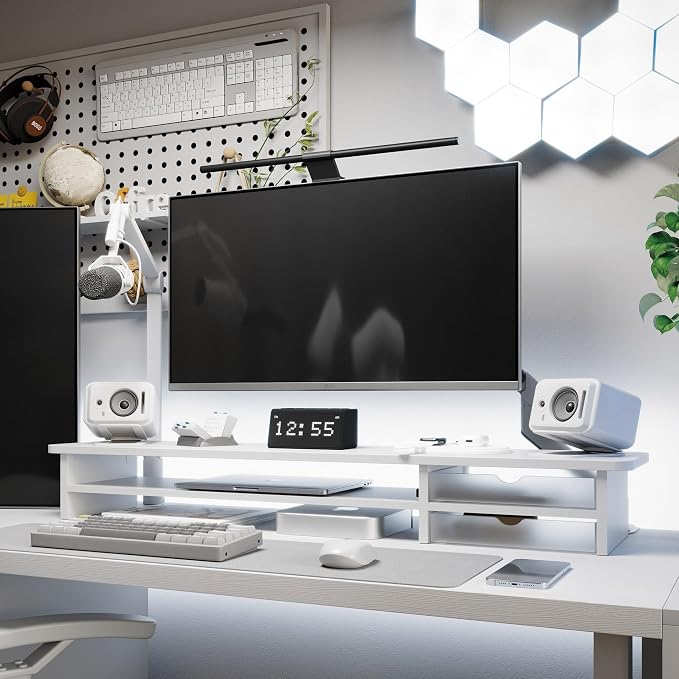 Fenge Monitor Stand, Desk Computer Riser with Frosted Storage Drawer, White | 42.5 Inch Dual Monitor Riser, 2 Tiers, Cable Management, Desk Shelf for 2 Monitors, Ultrawide Screen, Laptop, TV, Home Office - Image 7