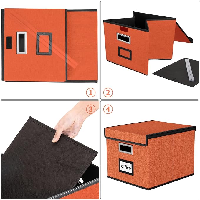 File Organizer Box with Lids, Collapsible File Folder Organizer | File Box with Plastic Slides for Document, Filing Bin for Letter Size Hanging File Folders (1 Pack, Reddish Organge) - Image 7