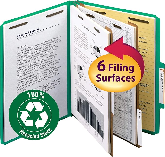 Smead 100% Recycled Pressboard Classification File Folder, 2 Dividers, 2" Expansion, Letter Size, Green, 10 per Box (14063) - Image 2