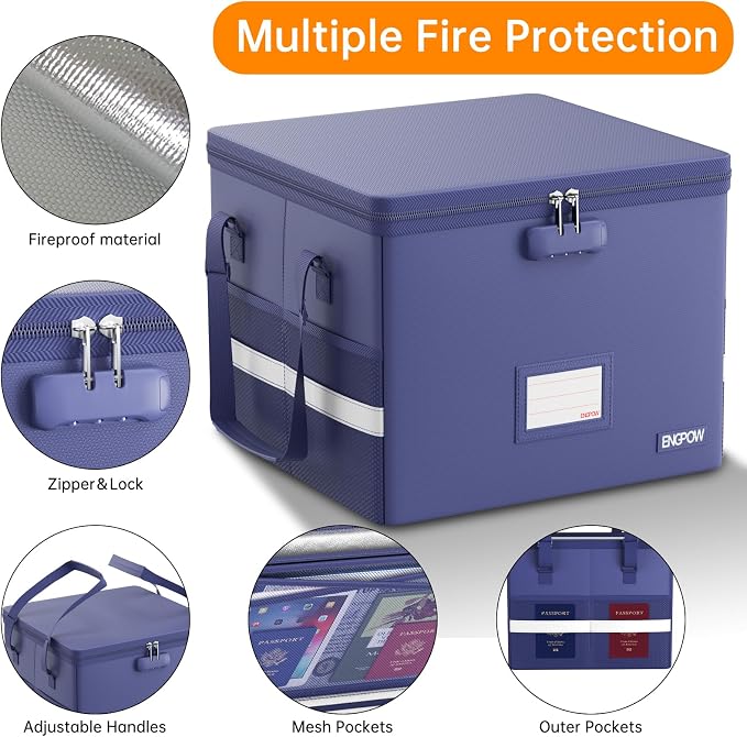 ENGPOW 5200°F File Box Fireproof Document Box with Lock,Heat Insulated Collapsible File Storage Organizer Box with Handle,Portable Home Office File Cabinet for Hanging Letter/Legal Size Folder, Blue - Image 5