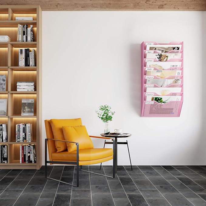EasyPAG 8 Pocket Mesh Wall File Organizer, Hanging Paper Folder Holder with Classify Label, Vertical Wall Mount Mail Organizer for Office Home Classroom, Pink - Image 6