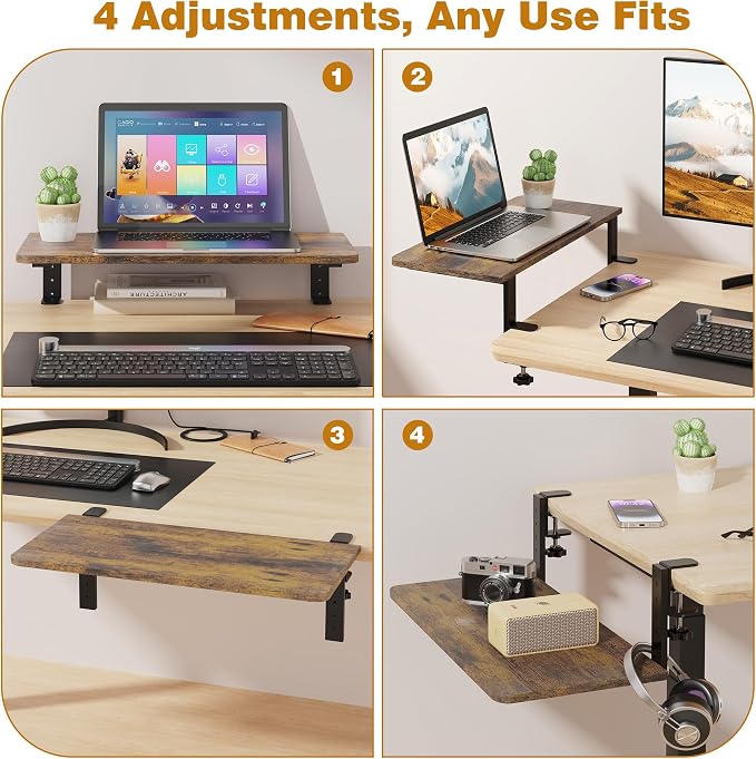 Desk Extender, 22-inch Clamp-On Desk Shelf, Height-Adjustable Desktop Shelf Organizer for Monitors Office and Gaming Accessories, Arm Support Table Extension, 44lbs Heavy Duty, Dark Brown - Image 6