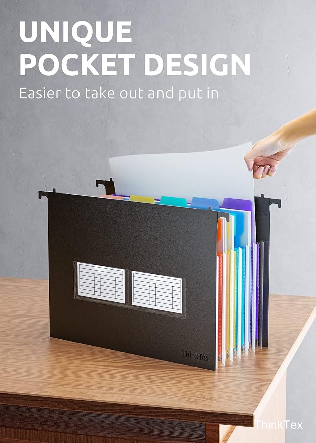 ThinkTex Plastic Expanding Hanging File Folders, 7 * 1.2" Accordian Pockets | Large Capacity, Multi-Color Tabs, Letter Size for Filing Cabinet - 3 Packs - Image 7