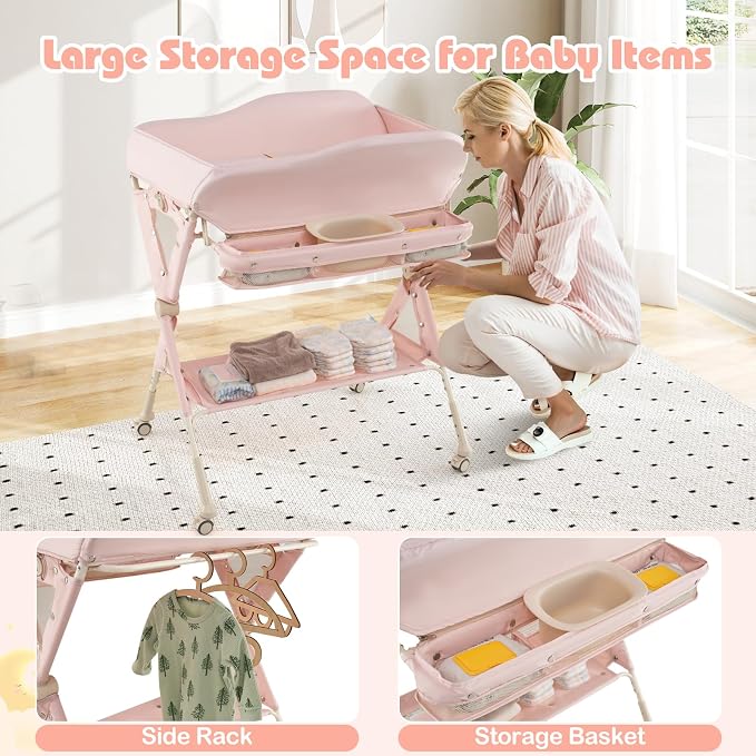 INFANS Baby Changing Table with Wheels, Portable Folding Diaper Station Nursery Organizer with Storage Basket, Hanging Rack, Adjustable Height, Safety Belt for Newborn Infant (Light Pink) - Image 7