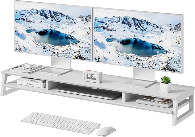 Dual Monitor Stand Riser for Desk, 41.7 Inch Large 2 Tier Computer Monitor Stand for 2 Monitors, Desktop Storage Organizer Shelf with Keyboard Space for Laptop PC Printer White by Unknown