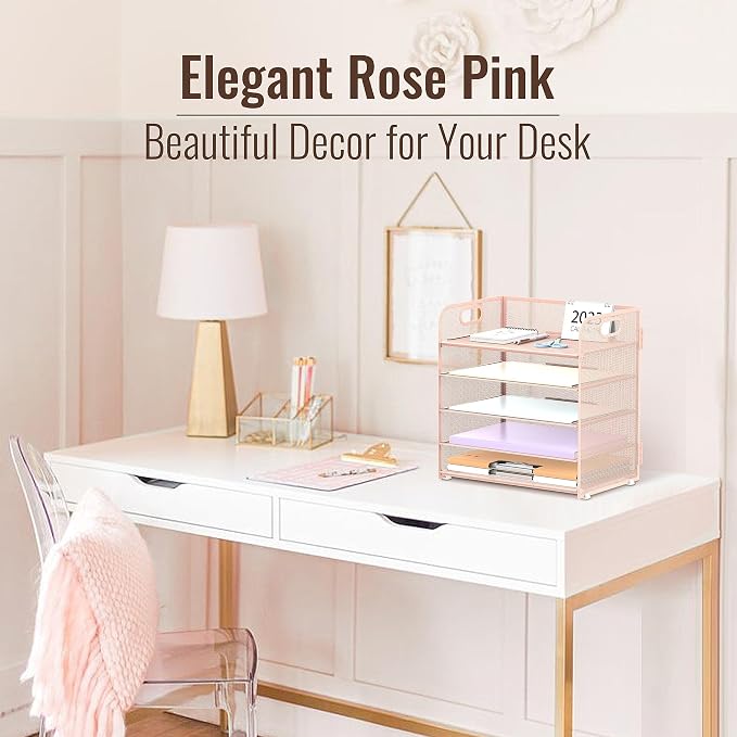 2 Pack 5-Tier Pink Desk Organizer with Handle Mesh Desk File/Paper Organizer Letter Tray for Office, School, Classroom and Home Easy Installation - Image 2