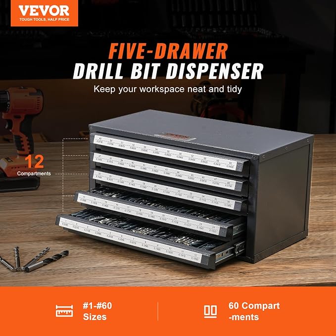 VEVOR Drill Bit Dispenser Cabinet, Five-Drawer Drill Bit Dispenser, 60-Compartment Drill Bit Organizer Cabinet, Drill Dispenser Organizer Cabinet Holder for Jobber Length Wire Gauge Sizes 1 to 60 - Image 4
