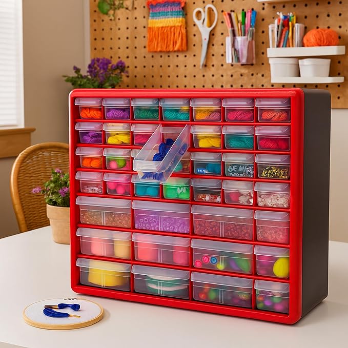 Akro-Mils 44-Drawer Plastic Storage Cabinet, 20" W x 6" D x 16" H, Red | Plastic Cabinet w/ Drawers for Garage Organization, Beads, Building Bricks Storage, Teacher Toolbox, Makeup Organizer, 10144 - Image 9