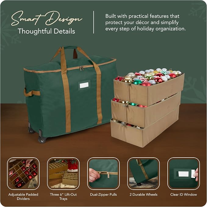 Covermates Keepsakes Rolling Adjustable Ornament Storage Bag – Heavy-Duty Polyester, FlexGrid Trays & Padded Dividers – Protective Holiday Organizer with Wheels, Handles & ID Window, Green - Image 4