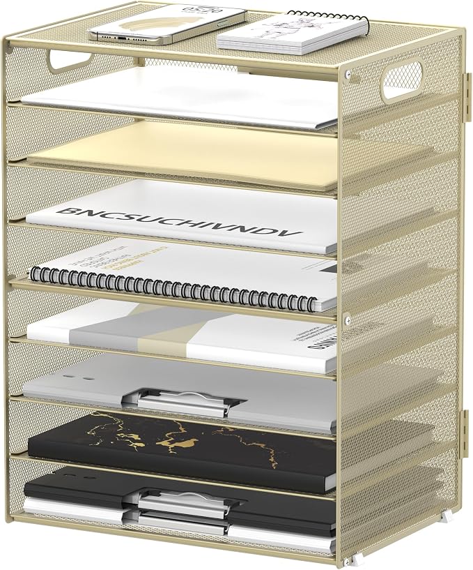 9-Tier Paper Organizer for Desk, Letter Tray with Handles, Golden Yellow | Desk File Organizer with Removable Trays for Sorting Files, Folders, Mail and Printer Paper at Home, School or Office by DALTACK