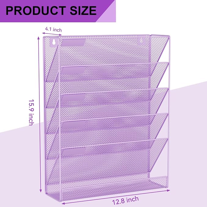 Wall File Organizer Holder Mesh Hanging Paper Document Holder, Vertical 6 Pocket Tier for Office Home, Light Purple - Image 3