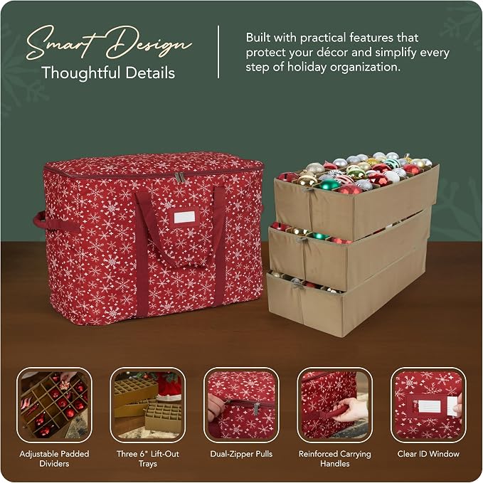 Covermates Keepsakes Adjustable Ornament Storage Bag – Heavy-Duty Polyester, Padded Dividers & FlexGrid Trays – Protective Holiday Ornament Organizer with Handles & Label Window, Red Snowflake - Image 4