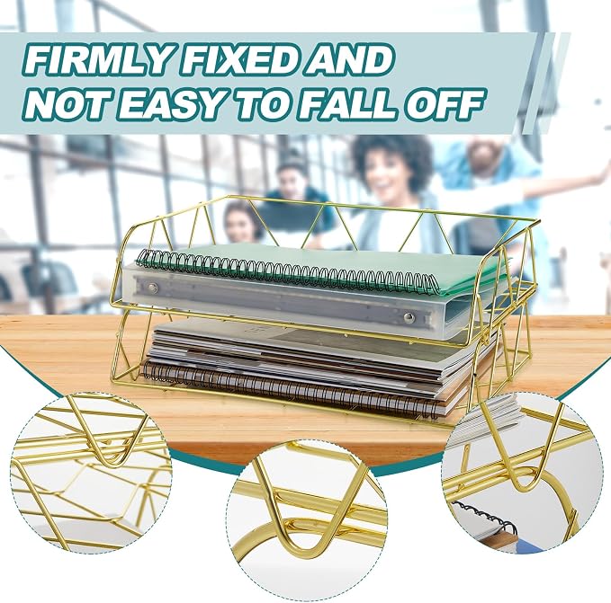 Yeaqee 4 Tier Stackable Gold Desk Organizer Paper Tray Rack Metal Letter Desk File Organizer Horizontal Holder File Trays for Office Desktop Supplies and Accessories - Image 3