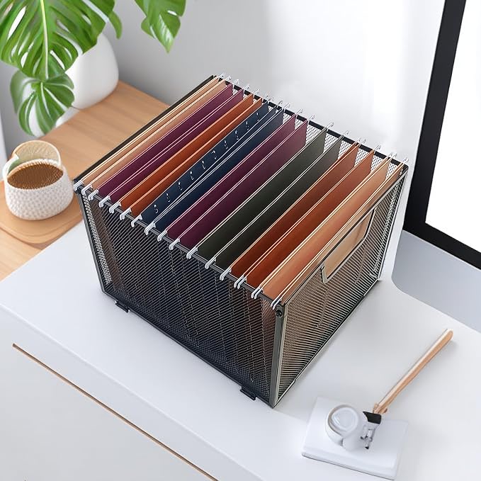 Hanging File Organizer Letter Size,Mesh File Crate,Black | Metal File Folder Organizer with Handle,File Bin & filing basket for Folders,Quick Setup for Office,Classroom & Home - Image 2